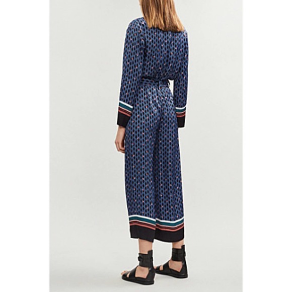 Maje Boho print silky Wide Leg Jumpsuit Blue Black L - Picture 6 of 10